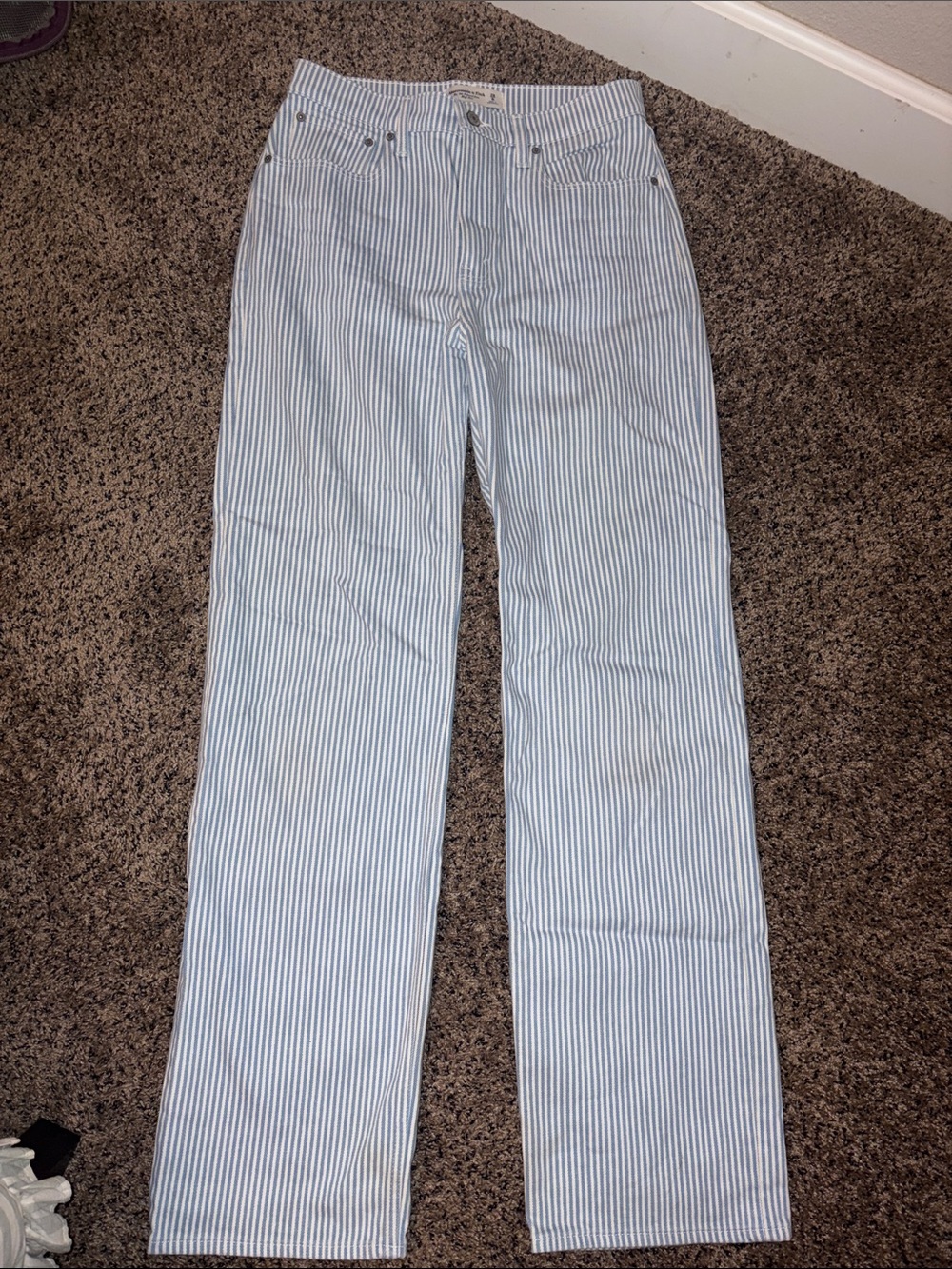 Abercrombie & Fitch Light Blue and White Striped High-Rise Jeans